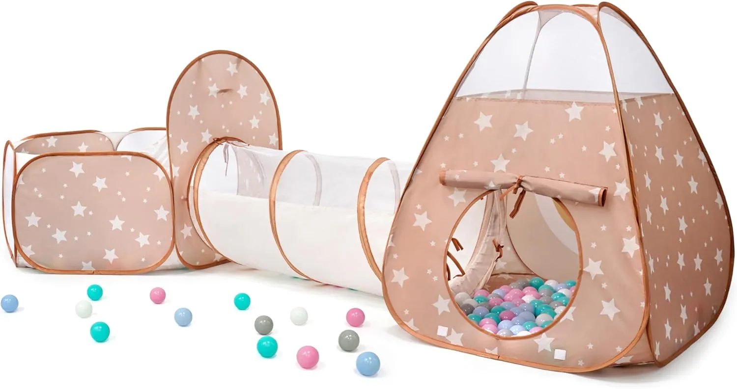 3 in 1 Pop Up Kids Play Tent with Tunnel and Ball Pit for Kids, Boys, Girls, Babies and Toddlers, Indoor/Outdoor Playhouse, Brown/Apricot