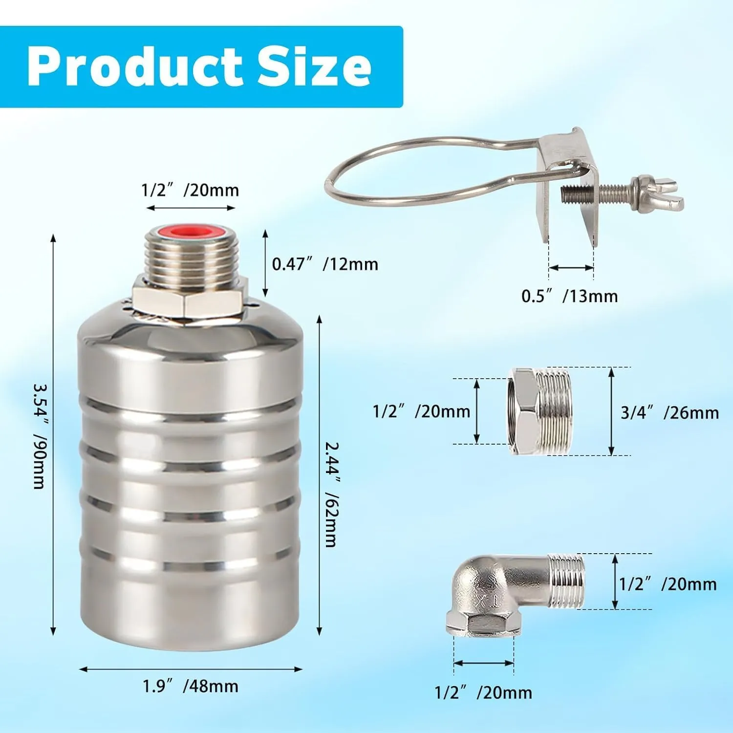 3 Pack Water Float Valve For Water Tank,1/2" to 3/4'' Fully Automatic Water Level Control Float Valve, 304 Stainless Steel Water Trough Float Valve For Water Tank Pool Livestock Troughs Distille