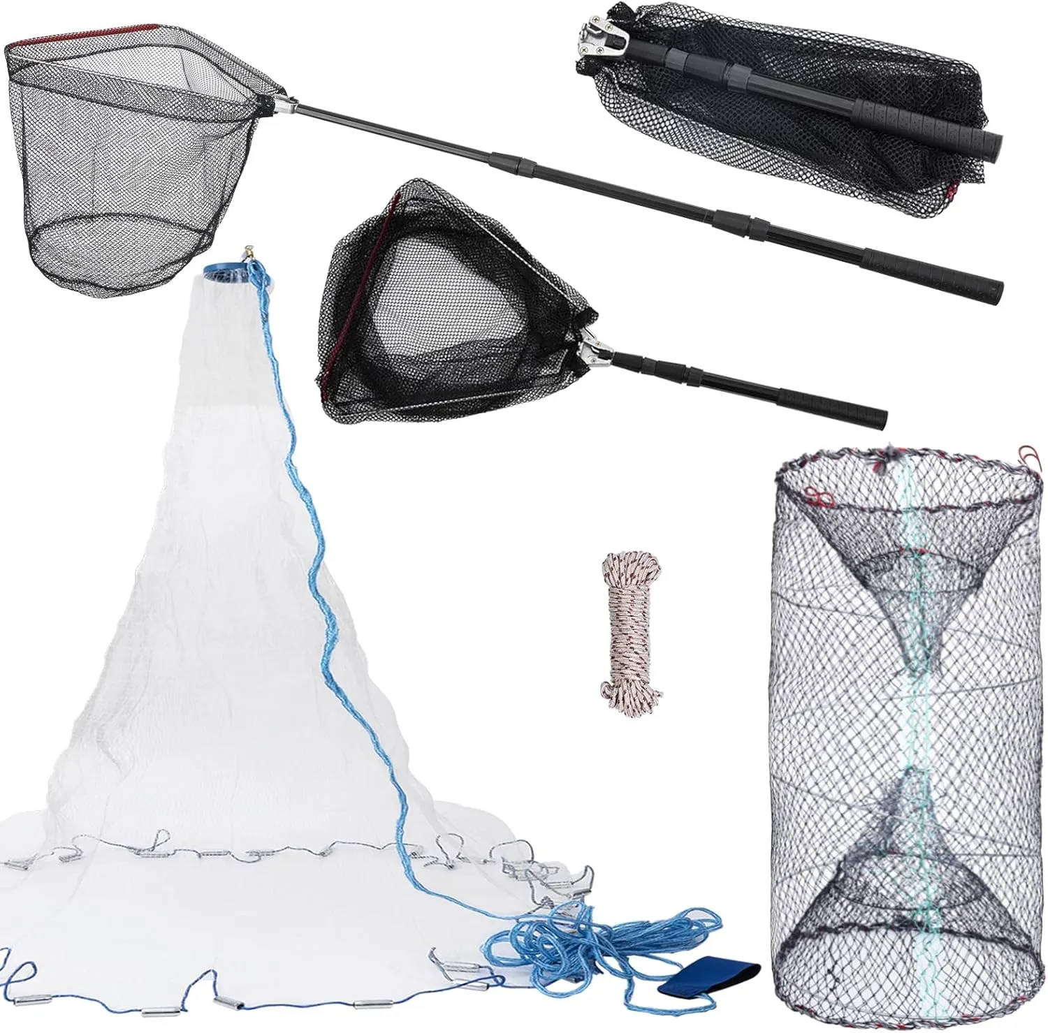 3 Pcs Foldable Fishing Net Accessories :Fishing Cast Net with Heavy Duty Real Zinc Sinker Weights丨 Fishing Landing Net with Telescoping Pole Handle 丨Crab Crayfish Shrimp Crab Trap