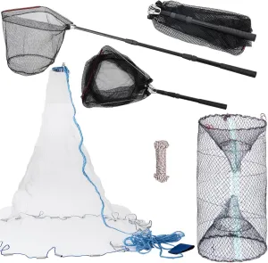 3 Pcs Foldable Fishing Net Accessories :Fishing Cast Net with Heavy Duty Real Zinc Sinker Weights丨 Fishing Landing Net with Telescoping Pole Handle 丨Crab Crayfish Shrimp Crab Trap