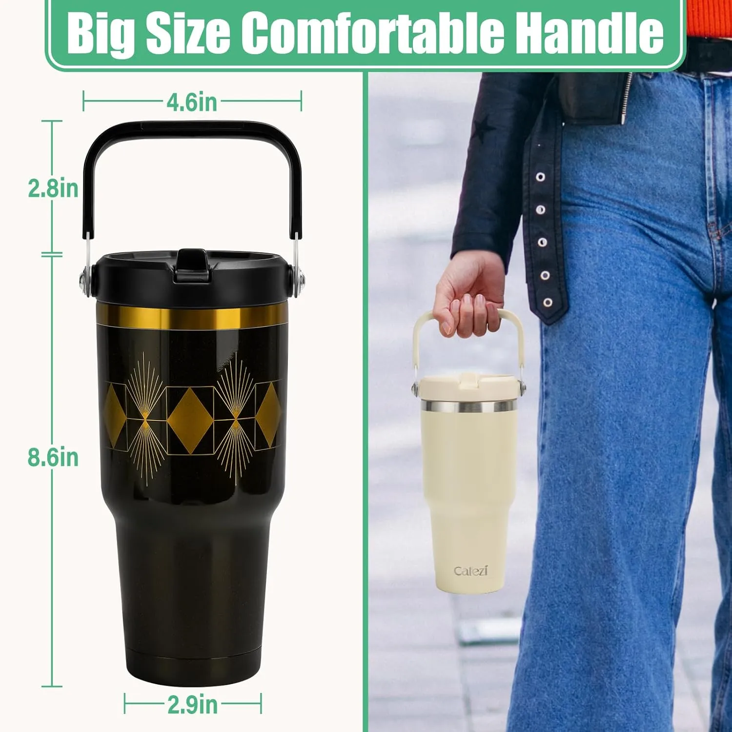 30 oz Tumbler with Lid and Straw, Stainless Steel Vacuum Insulated Tumblers with Flip Straw and Top Handle, Reusable Insulated Water Bottle for Home, Office, Leakproof, Fit in Cup Holder