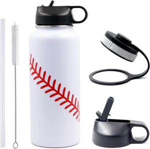 32 oz Baseball Water Bottle, Wide Mouth Sports Flask Travel Tumbler with 2 Lids, BPA Free Stainless Steel Double Wall Vacuum Insulated Water Bottles, Baseball Gifts Stuff Accessories for Boys Girls