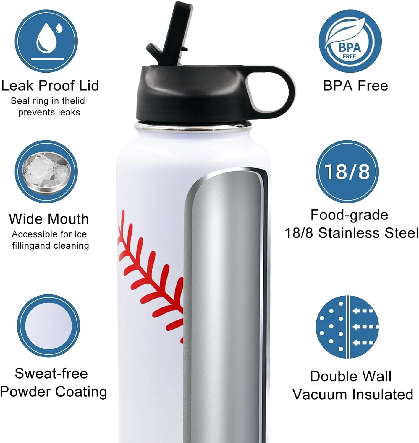 32 oz Baseball Water Bottle, Wide Mouth Sports Flask Travel Tumbler with 2 Lids, BPA Free Stainless Steel Double Wall Vacuum Insulated Water Bottles, Baseball Gifts Stuff Accessories for Boys Girls