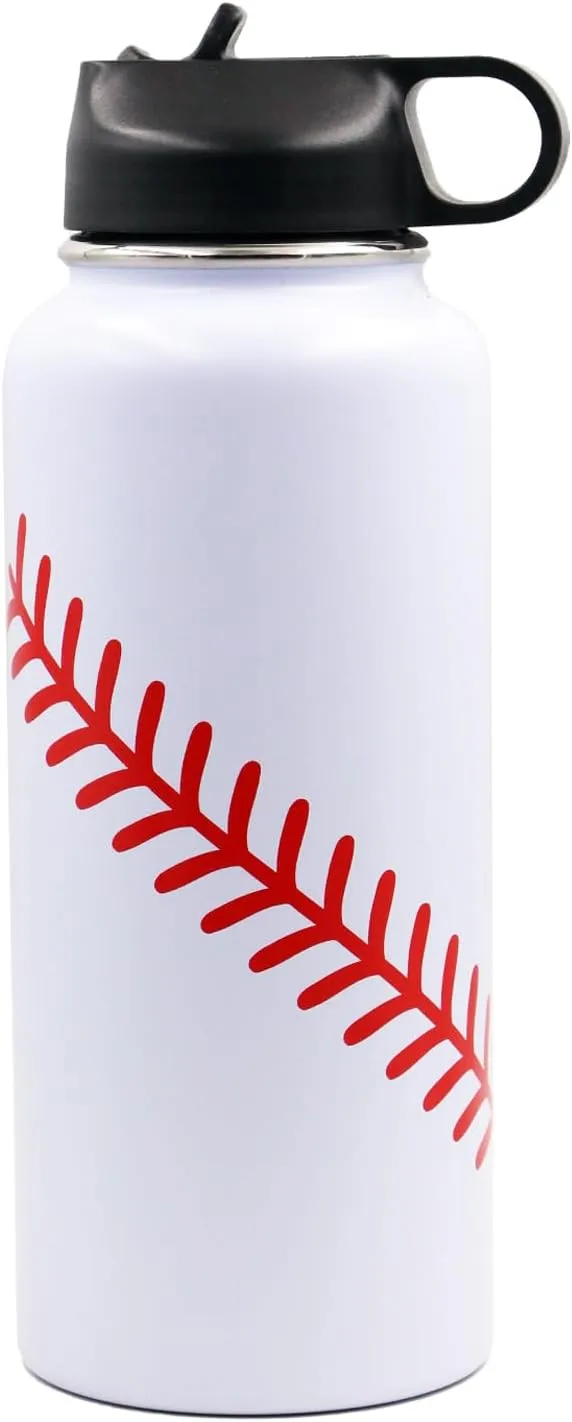32 oz Baseball Water Bottle, Wide Mouth Sports Flask Travel Tumbler with 2 Lids, BPA Free Stainless Steel Double Wall Vacuum Insulated Water Bottles, Baseball Gifts Stuff Accessories for Boys Girls