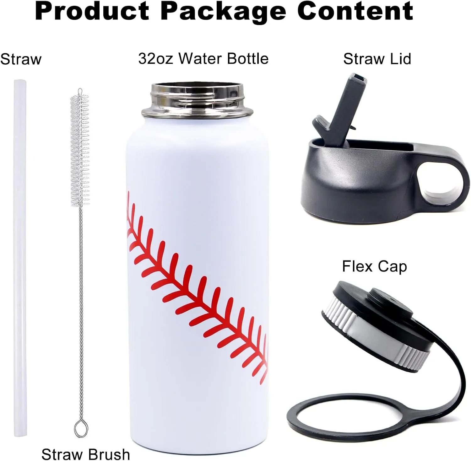 32 oz Baseball Water Bottle, Wide Mouth Sports Flask Travel Tumbler with 2 Lids, BPA Free Stainless Steel Double Wall Vacuum Insulated Water Bottles, Baseball Gifts Stuff Accessories for Boys Girls
