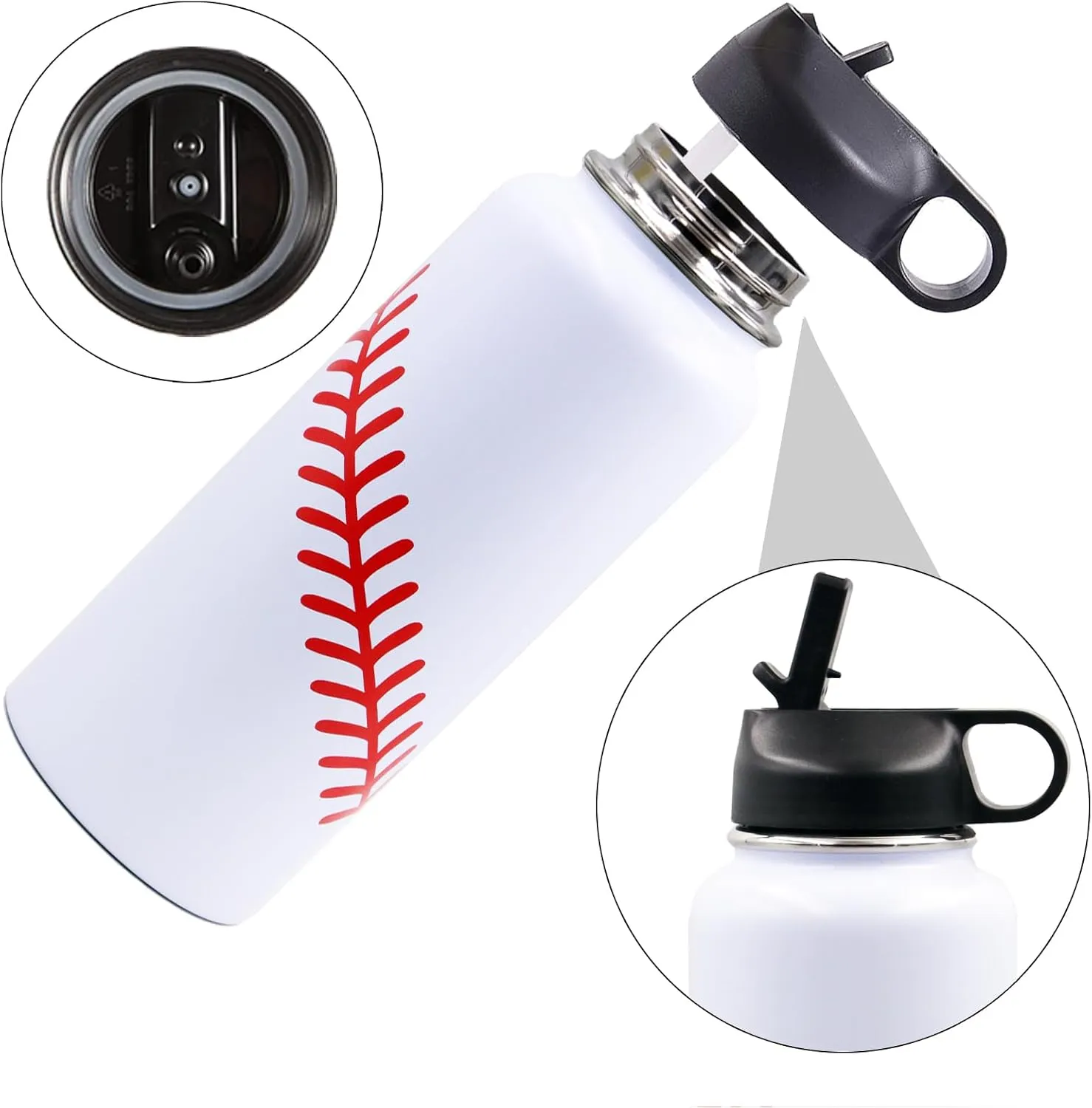 32 oz Baseball Water Bottle, Wide Mouth Sports Flask Travel Tumbler with 2 Lids, BPA Free Stainless Steel Double Wall Vacuum Insulated Water Bottles, Baseball Gifts Stuff Accessories for Boys Girls