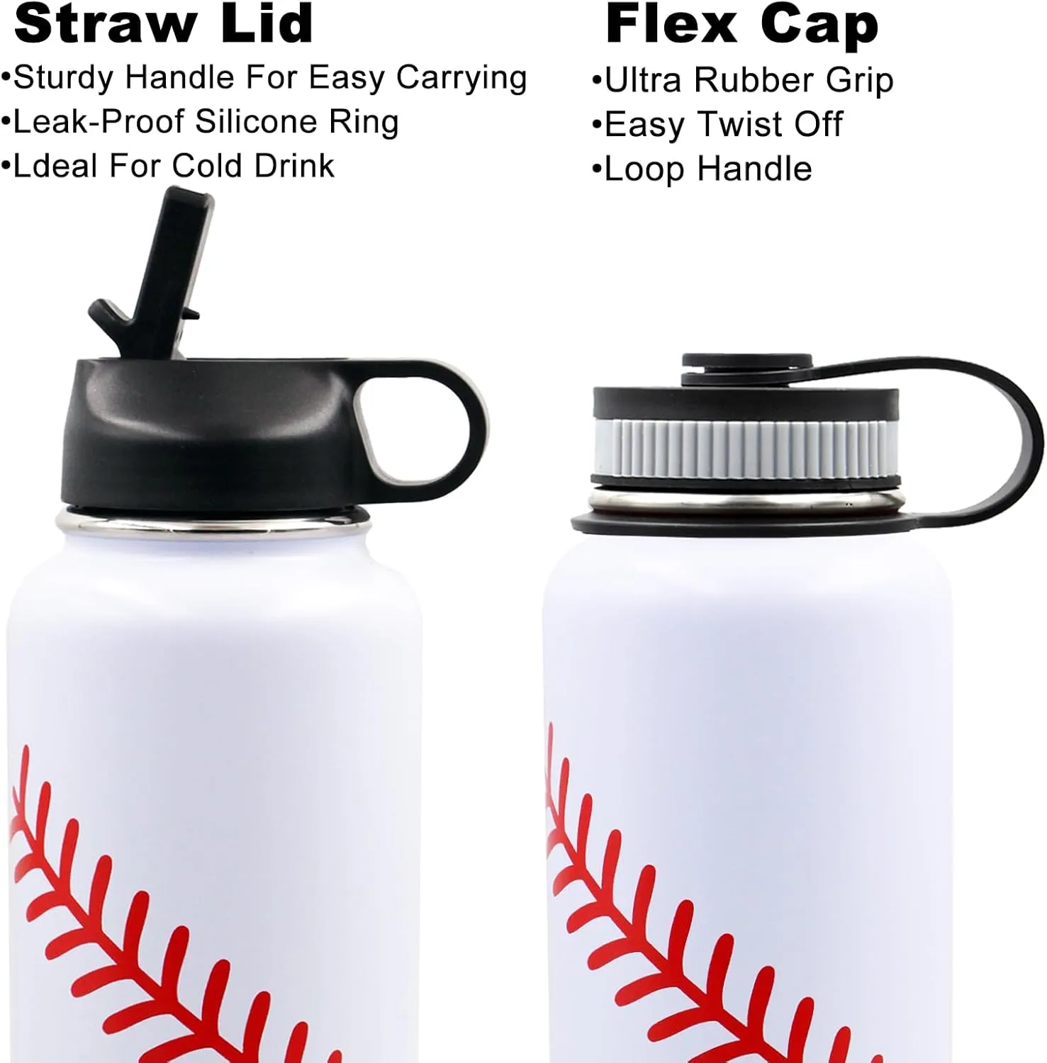 32 oz Baseball Water Bottle, Wide Mouth Sports Flask Travel Tumbler with 2 Lids, BPA Free Stainless Steel Double Wall Vacuum Insulated Water Bottles, Baseball Gifts Stuff Accessories for Boys Girls