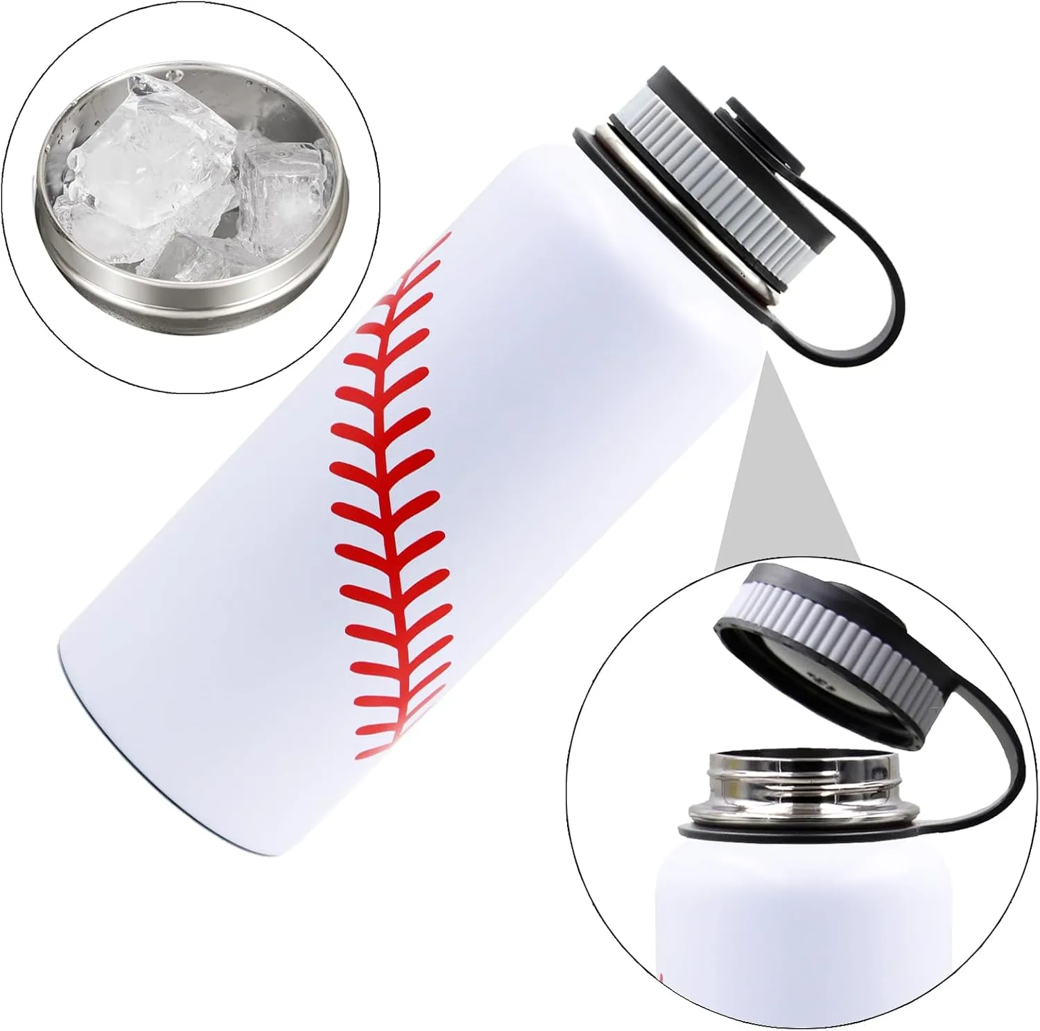 32 oz Baseball Water Bottle, Wide Mouth Sports Flask Travel Tumbler with 2 Lids, BPA Free Stainless Steel Double Wall Vacuum Insulated Water Bottles, Baseball Gifts Stuff Accessories for Boys Girls