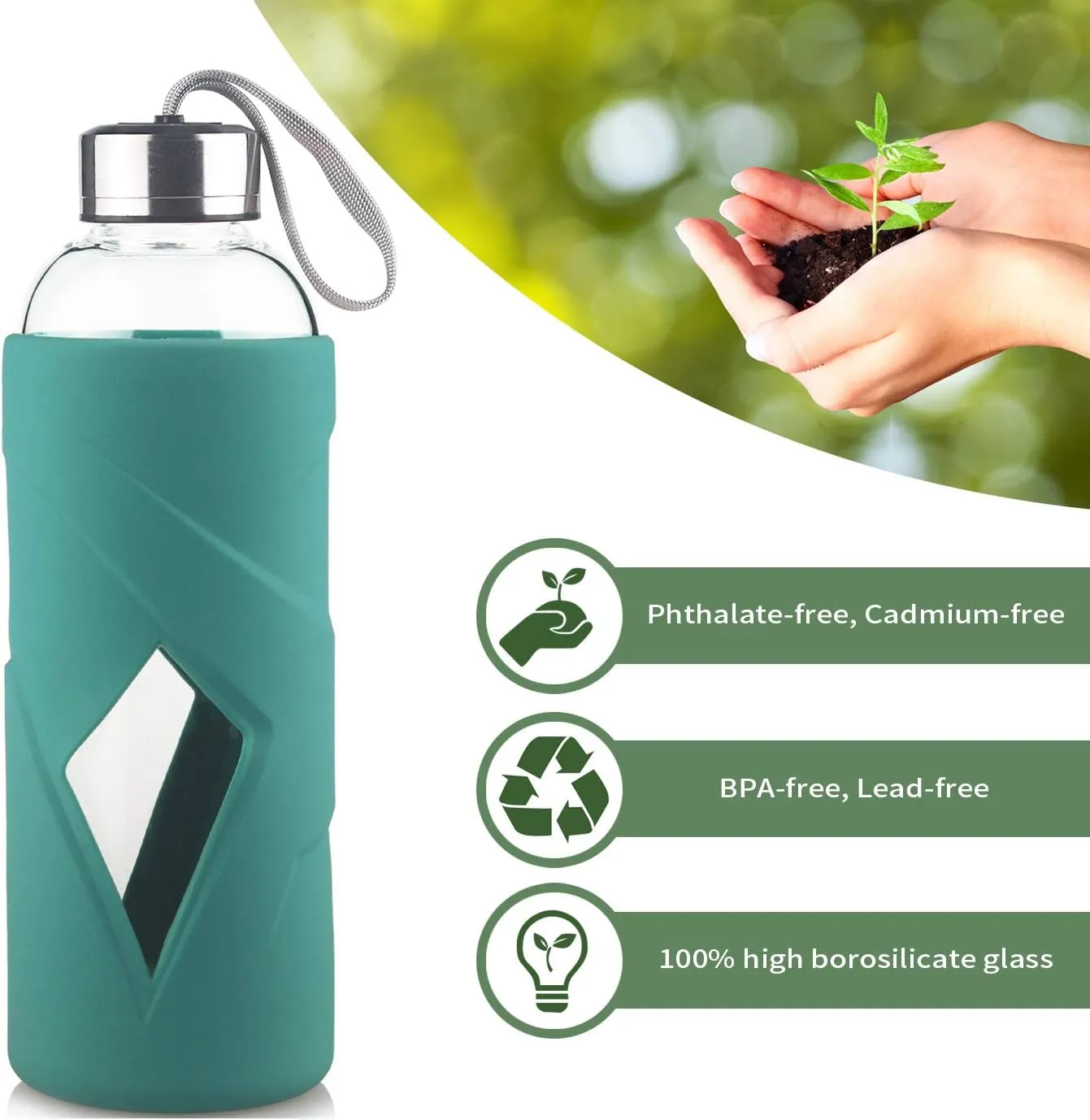 32 OZ Borosilicate Glass Water Bottle BPA Free Reusable Glass Drinking Bottle with Silicone Sleeve and Stainless Steel Lid