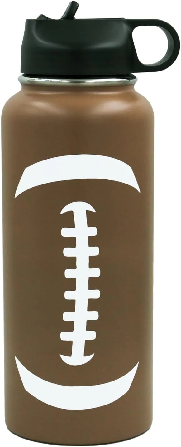 32 oz Football Water Bottle, Wide Mouth Metal Sports Flask Travel Tumbler with 2 Lids, Stainless Steel Double Wall Vacuum Insulated Water Bottles, Football Accessories Gifts for Boys Girls