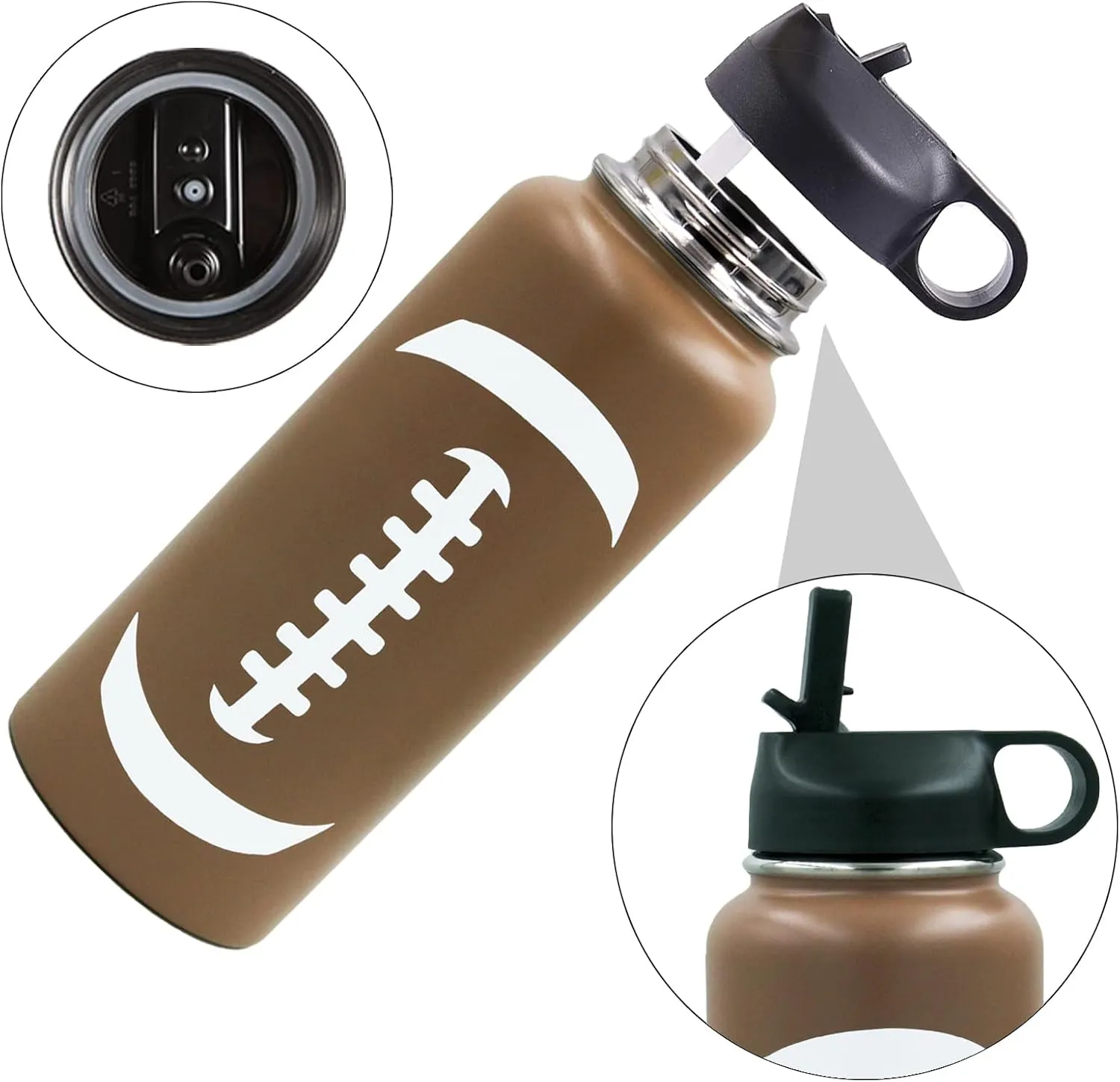 32 oz Football Water Bottle, Wide Mouth Metal Sports Flask Travel Tumbler with 2 Lids, Stainless Steel Double Wall Vacuum Insulated Water Bottles, Football Accessories Gifts for Boys Girls