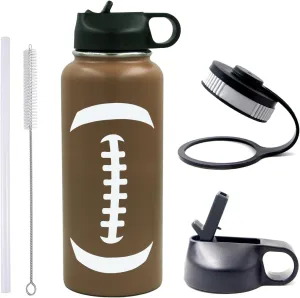 32 oz Football Water Bottle, Wide Mouth Metal Sports Flask Travel Tumbler with 2 Lids, Stainless Steel Double Wall Vacuum Insulated Water Bottles, Football Accessories Gifts for Boys Girls