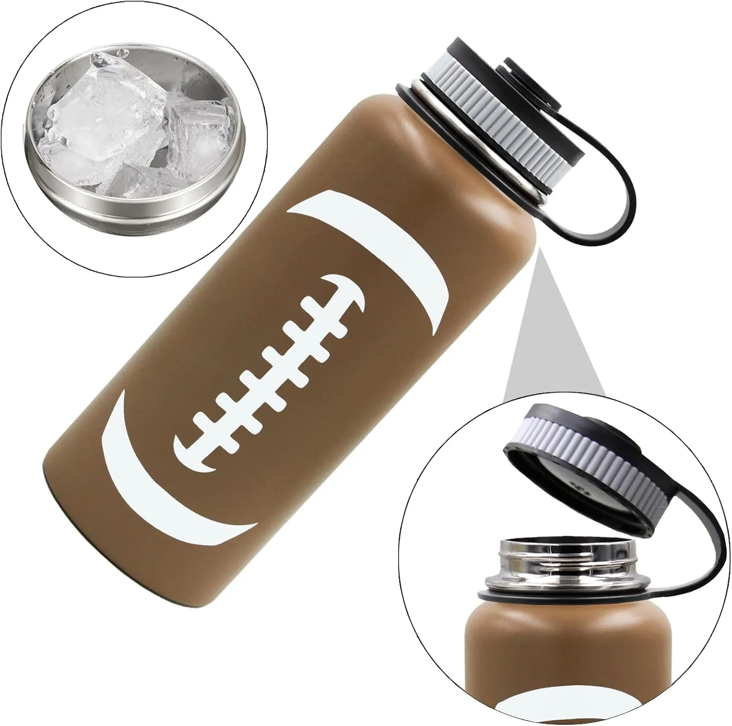 32 oz Football Water Bottle, Wide Mouth Metal Sports Flask Travel Tumbler with 2 Lids, Stainless Steel Double Wall Vacuum Insulated Water Bottles, Football Accessories Gifts for Boys Girls