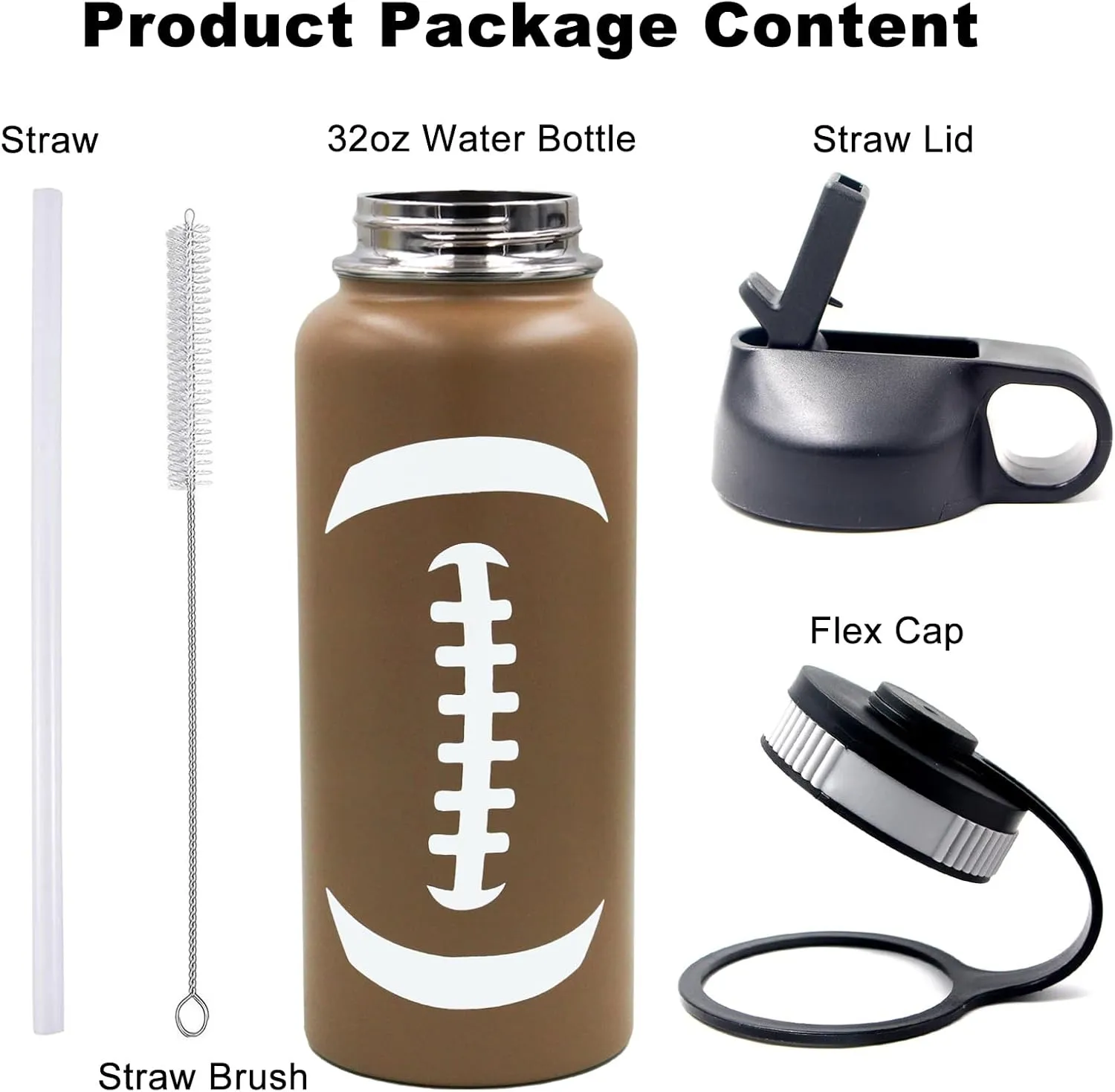 32 oz Football Water Bottle, Wide Mouth Metal Sports Flask Travel Tumbler with 2 Lids, Stainless Steel Double Wall Vacuum Insulated Water Bottles, Football Accessories Gifts for Boys Girls