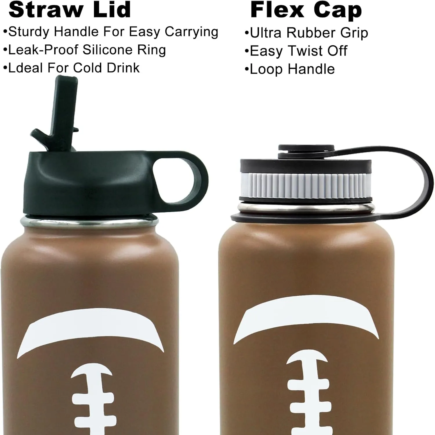32 oz Football Water Bottle, Wide Mouth Metal Sports Flask Travel Tumbler with 2 Lids, Stainless Steel Double Wall Vacuum Insulated Water Bottles, Football Accessories Gifts for Boys Girls