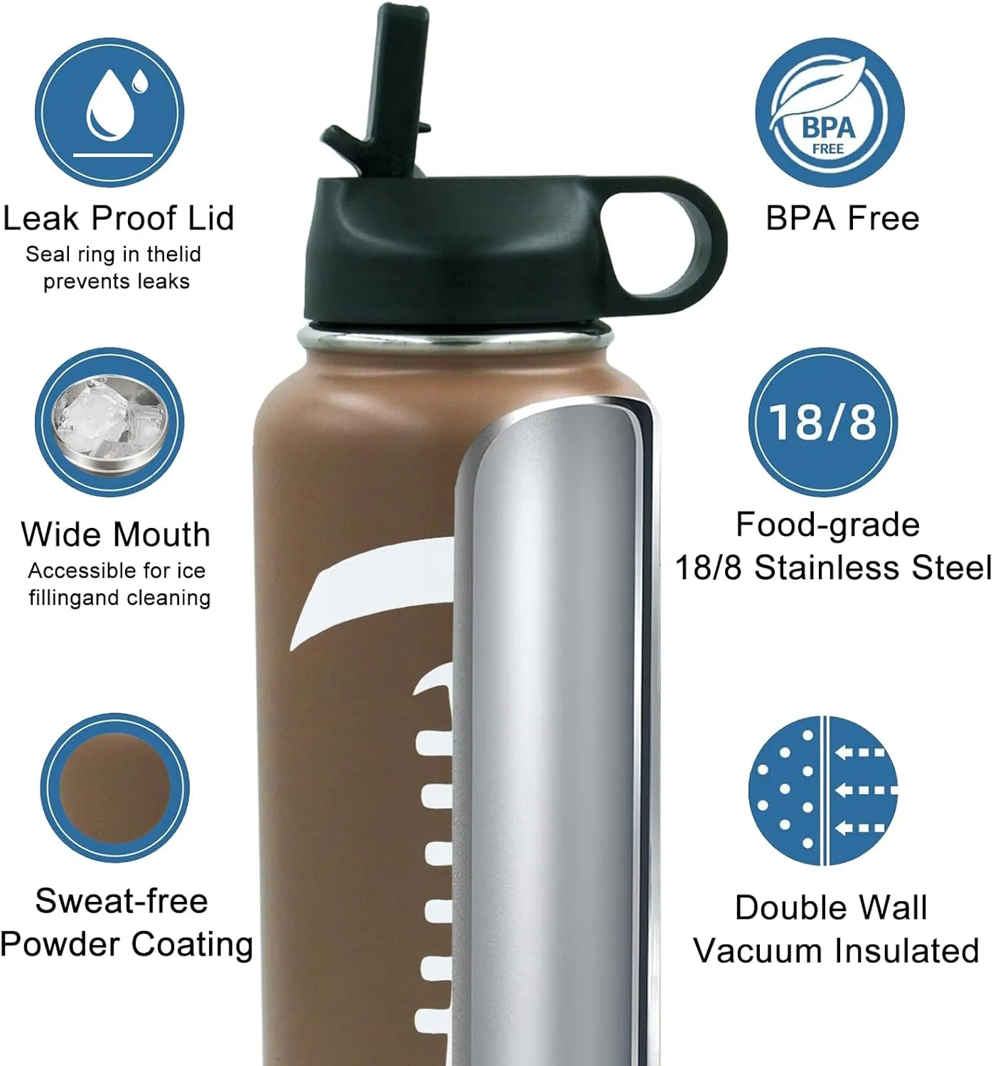 32 oz Football Water Bottle, Wide Mouth Metal Sports Flask Travel Tumbler with 2 Lids, Stainless Steel Double Wall Vacuum Insulated Water Bottles, Football Accessories Gifts for Boys Girls