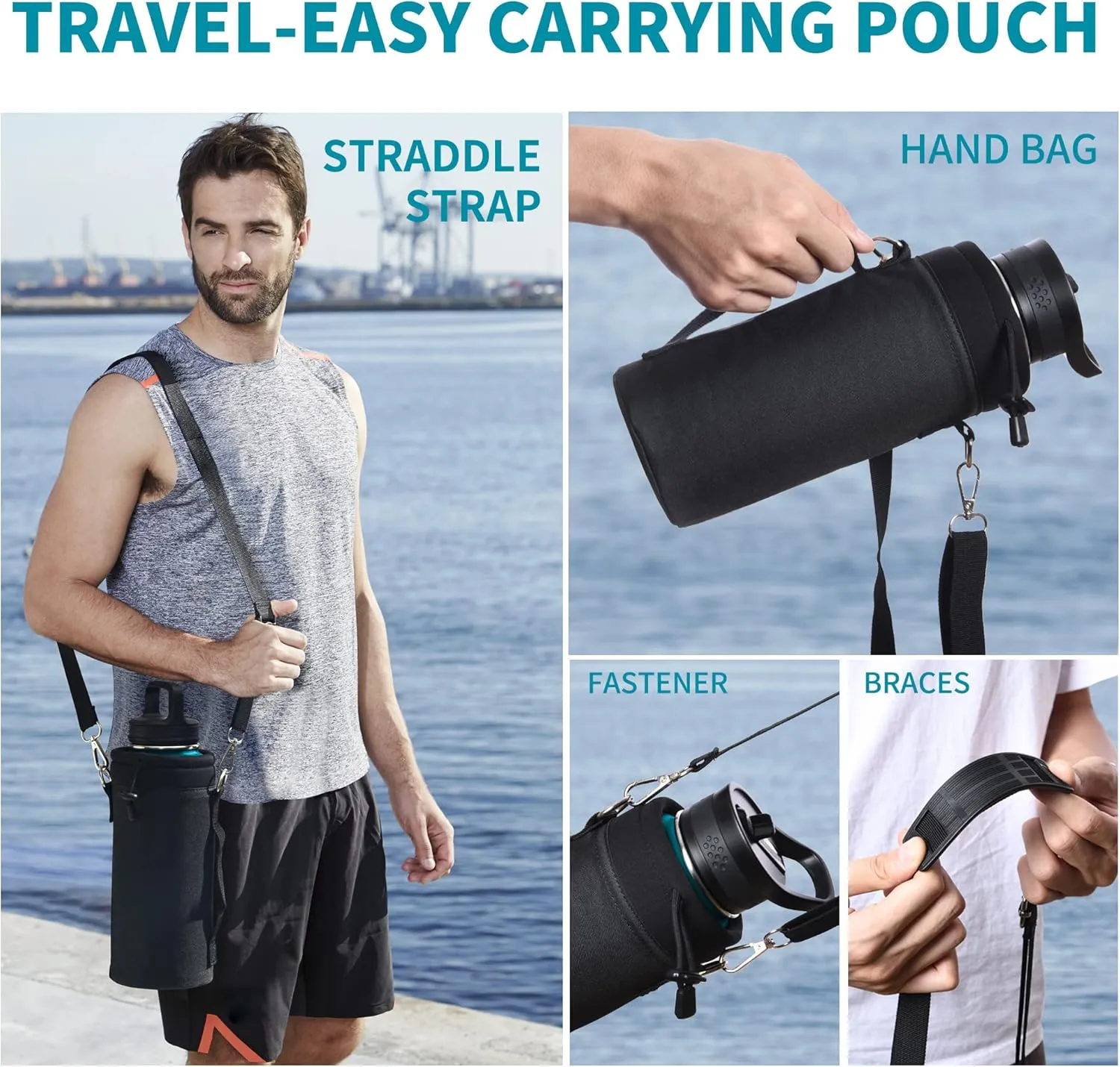 32 oz Insulated Stainless Steel Vacuum Sports Water Bottle with 3 Lids, Reusable Leakproof Metal Thermos, Water Flask Jug with Strap for Gym Camping, Indigo Black Gradient