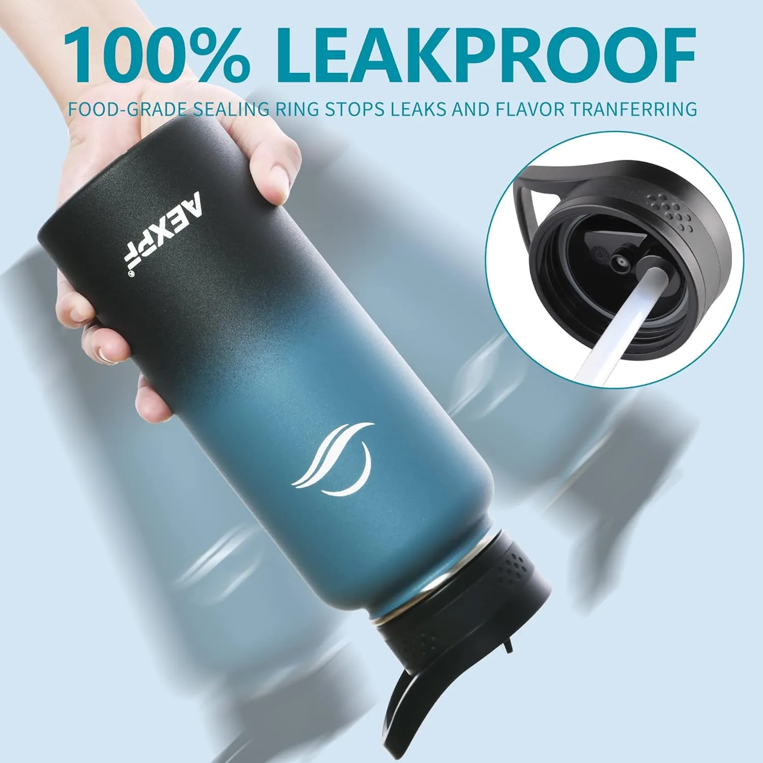 32 oz Insulated Stainless Steel Vacuum Sports Water Bottle with 3 Lids, Reusable Leakproof Metal Thermos, Water Flask Jug with Strap for Gym Camping, Indigo Black Gradient