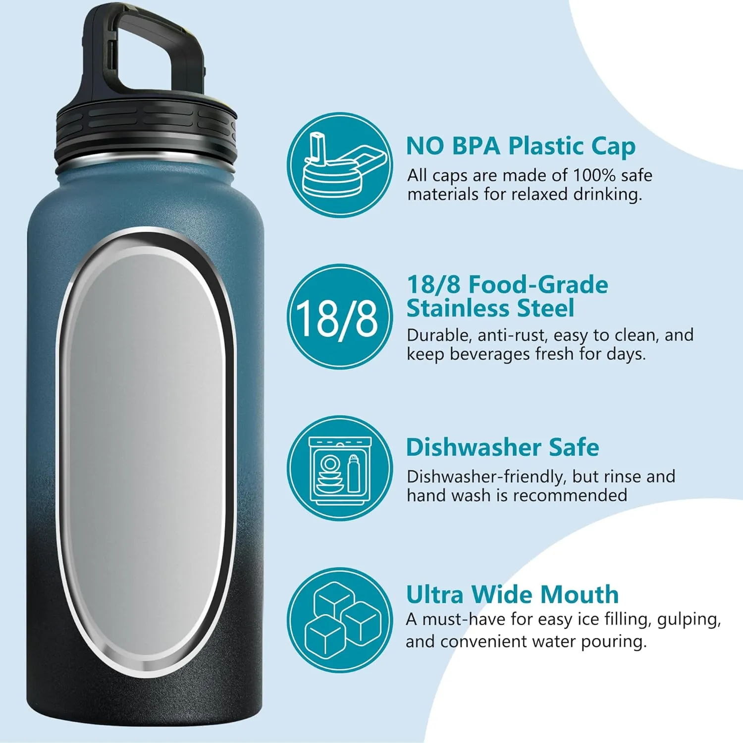 32 oz Insulated Stainless Steel Vacuum Sports Water Bottle with 3 Lids, Reusable Leakproof Metal Thermos, Water Flask Jug with Strap for Gym Camping, Indigo Black Gradient