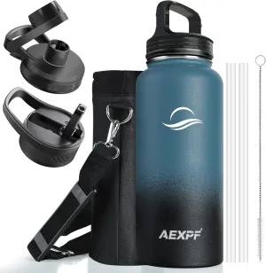 32 oz Insulated Stainless Steel Vacuum Sports Water Bottle with 3 Lids, Reusable Leakproof Metal Thermos, Water Flask Jug with Strap for Gym Camping, Indigo Black Gradient