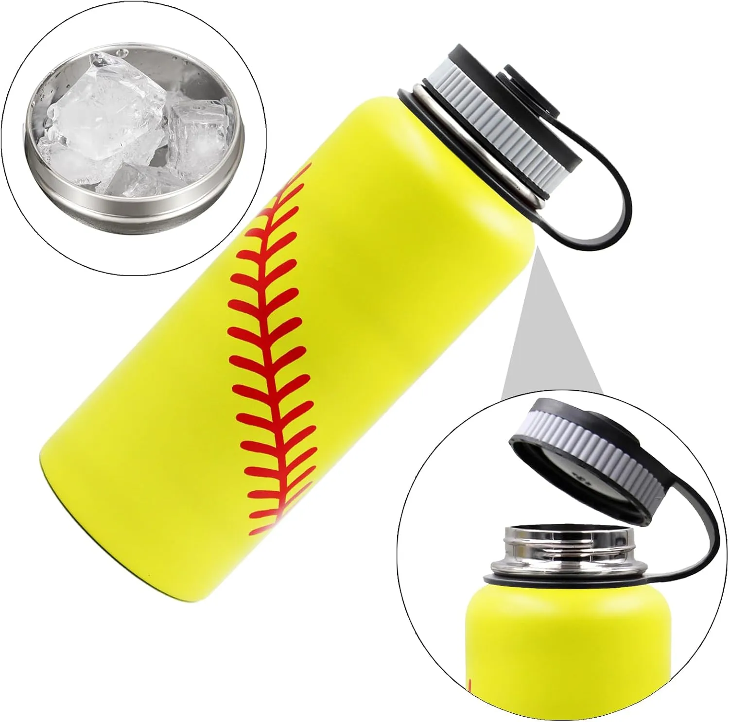32 oz Softball Water Bottle, Wide Mouth Metal Sports Flask Travel Tumbler with 2 Lids, Stainless Steel Double Wall Vacuum Insulated Water Bottles, Softball Gifts for Boys Girls