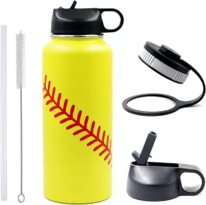 32 oz Softball Water Bottle, Wide Mouth Metal Sports Flask Travel Tumbler with 2 Lids, Stainless Steel Double Wall Vacuum Insulated Water Bottles, Softball Gifts for Boys Girls