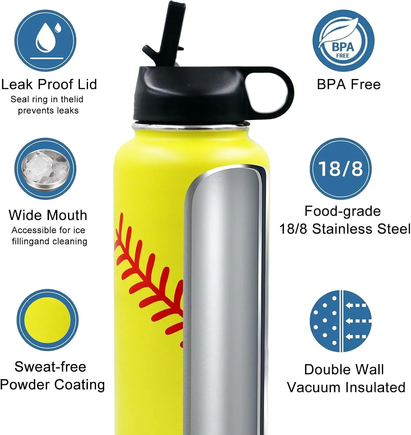 32 oz Softball Water Bottle, Wide Mouth Metal Sports Flask Travel Tumbler with 2 Lids, Stainless Steel Double Wall Vacuum Insulated Water Bottles, Softball Gifts for Boys Girls