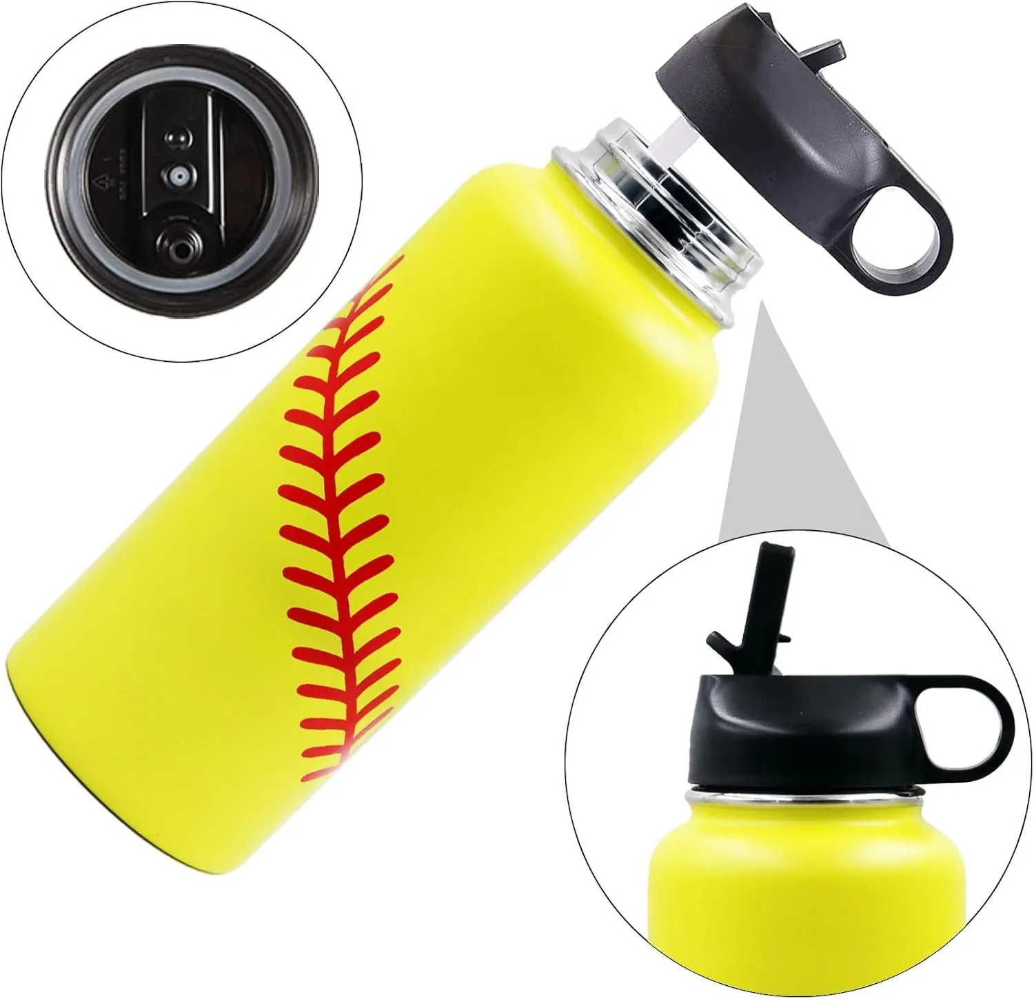 32 oz Softball Water Bottle, Wide Mouth Metal Sports Flask Travel Tumbler with 2 Lids, Stainless Steel Double Wall Vacuum Insulated Water Bottles, Softball Gifts for Boys Girls