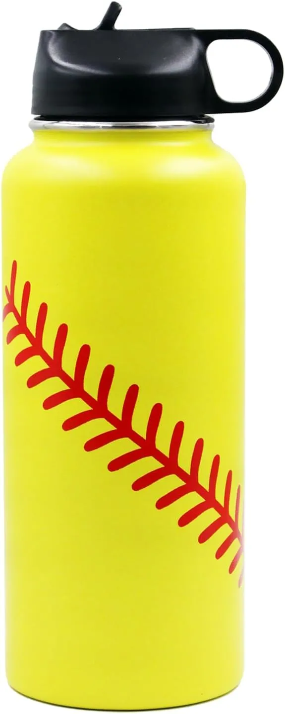 32 oz Softball Water Bottle, Wide Mouth Metal Sports Flask Travel Tumbler with 2 Lids, Stainless Steel Double Wall Vacuum Insulated Water Bottles, Softball Gifts for Boys Girls