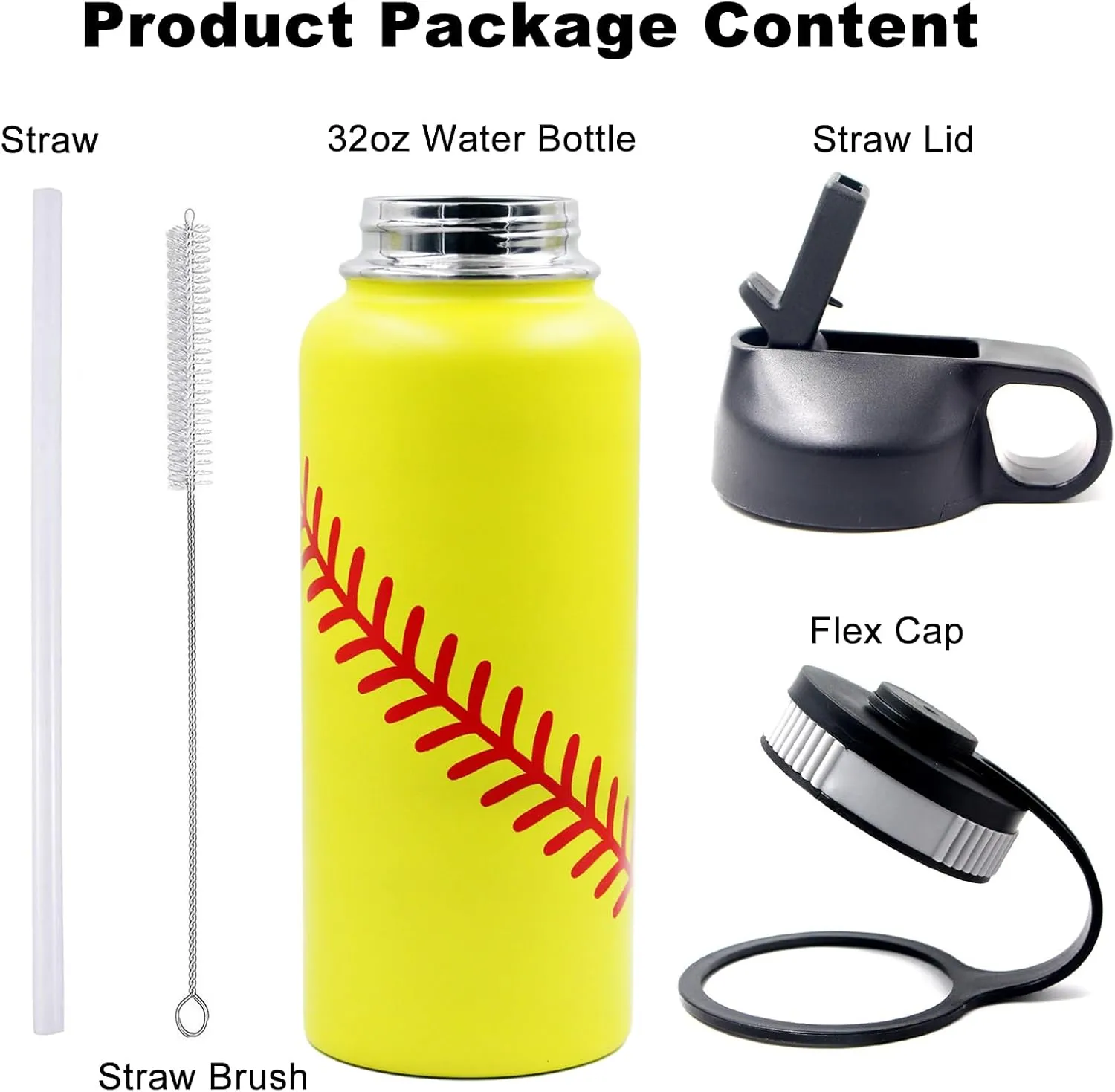 32 oz Softball Water Bottle, Wide Mouth Metal Sports Flask Travel Tumbler with 2 Lids, Stainless Steel Double Wall Vacuum Insulated Water Bottles, Softball Gifts for Boys Girls