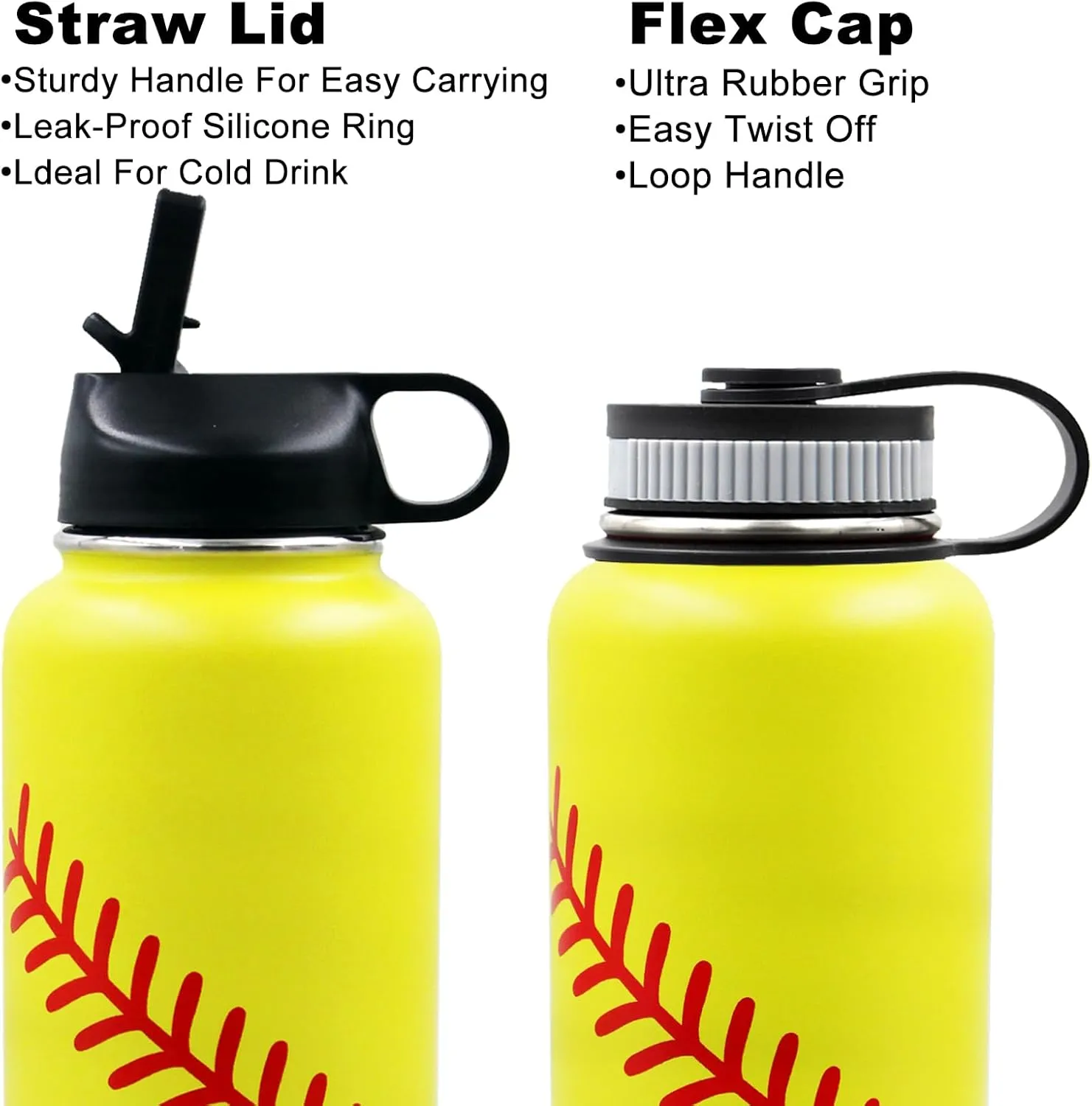 32 oz Softball Water Bottle, Wide Mouth Metal Sports Flask Travel Tumbler with 2 Lids, Stainless Steel Double Wall Vacuum Insulated Water Bottles, Softball Gifts for Boys Girls