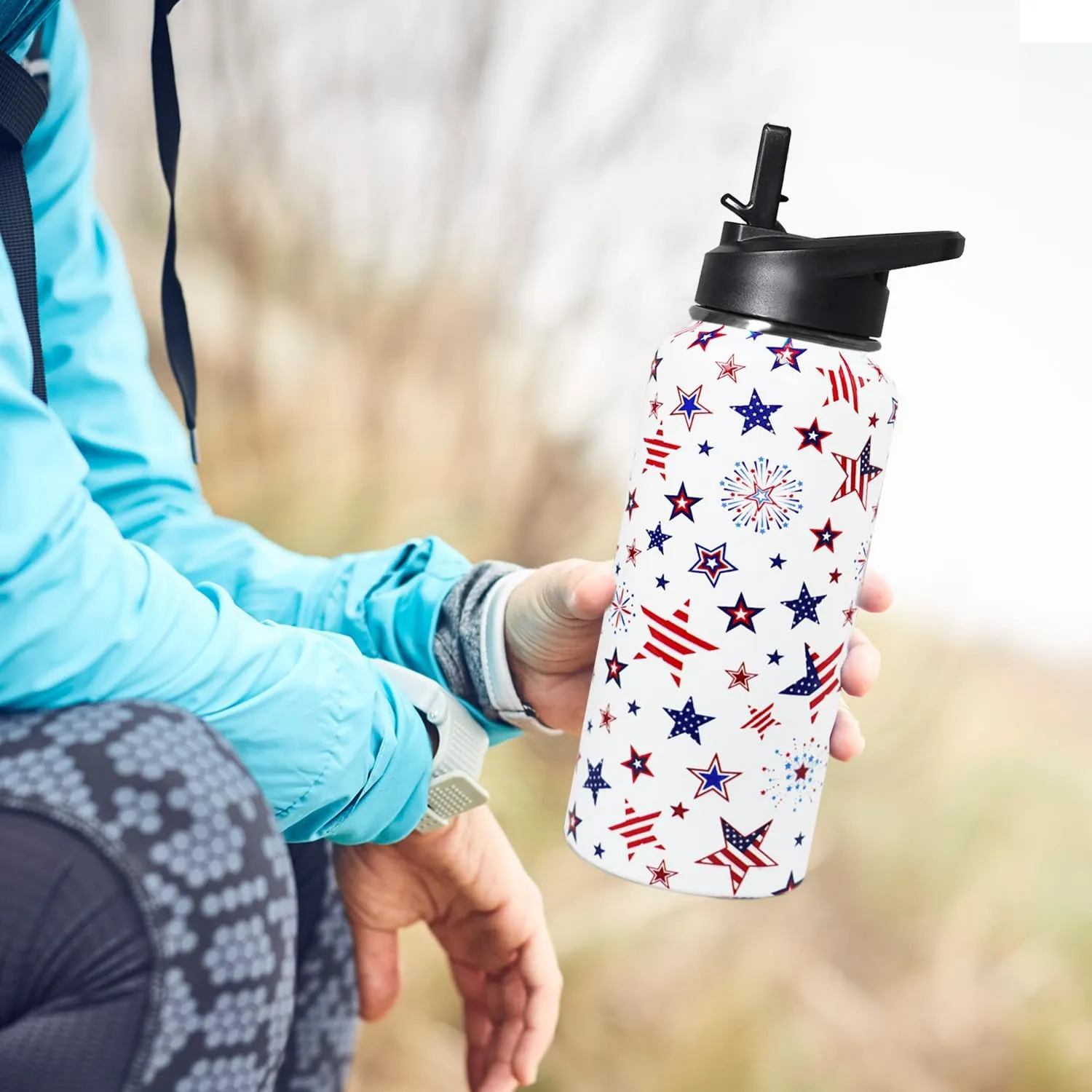 32oz 4th of July Flip Stainless Insulated Aater Water Bottle with Straw, American Flag Gym Hiking Sports Coffee Mug Cup Water Bottles,Patriotic Military Gifts For Veterans, Police