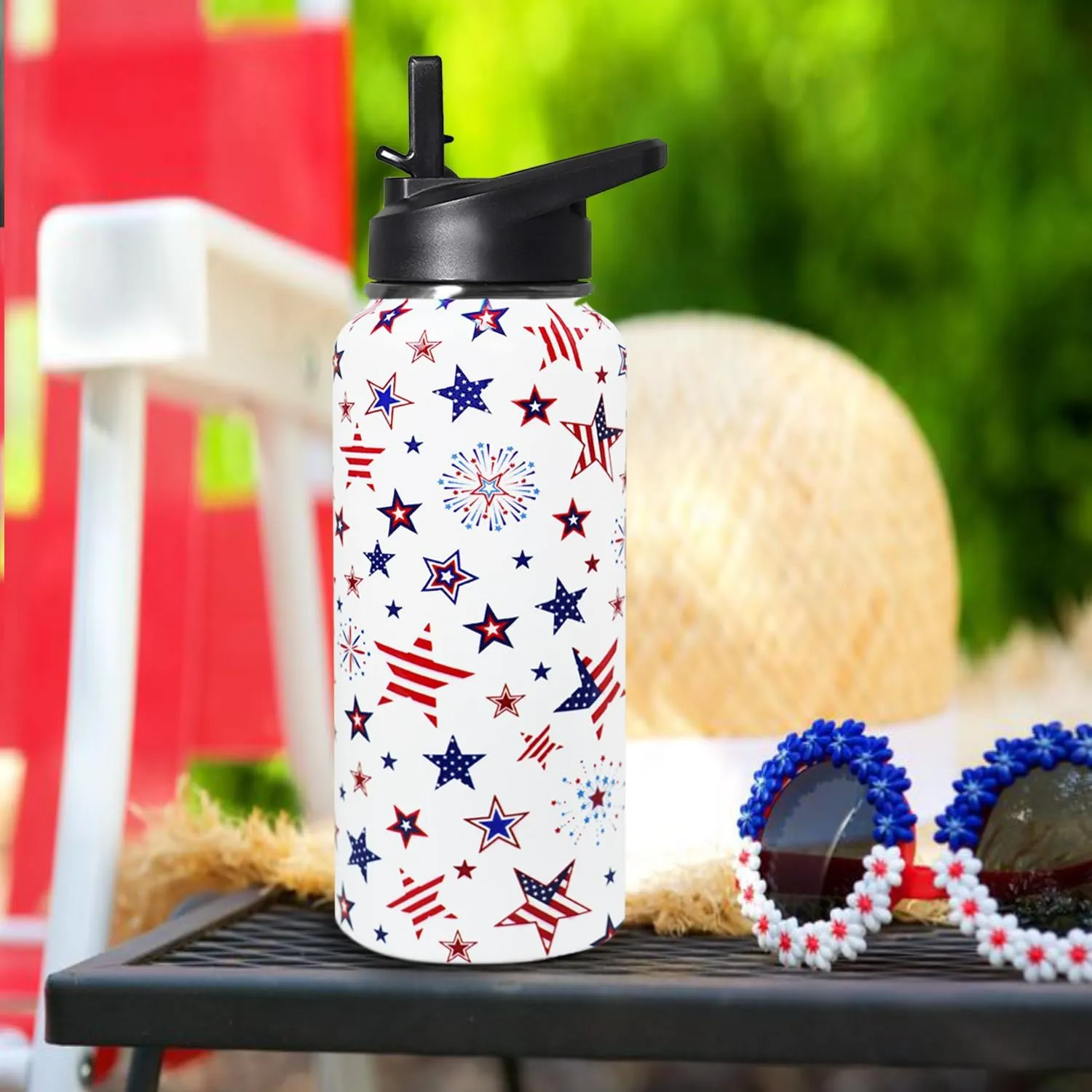32oz 4th of July Flip Stainless Insulated Aater Water Bottle with Straw, American Flag Gym Hiking Sports Coffee Mug Cup Water Bottles,Patriotic Military Gifts For Veterans, Police