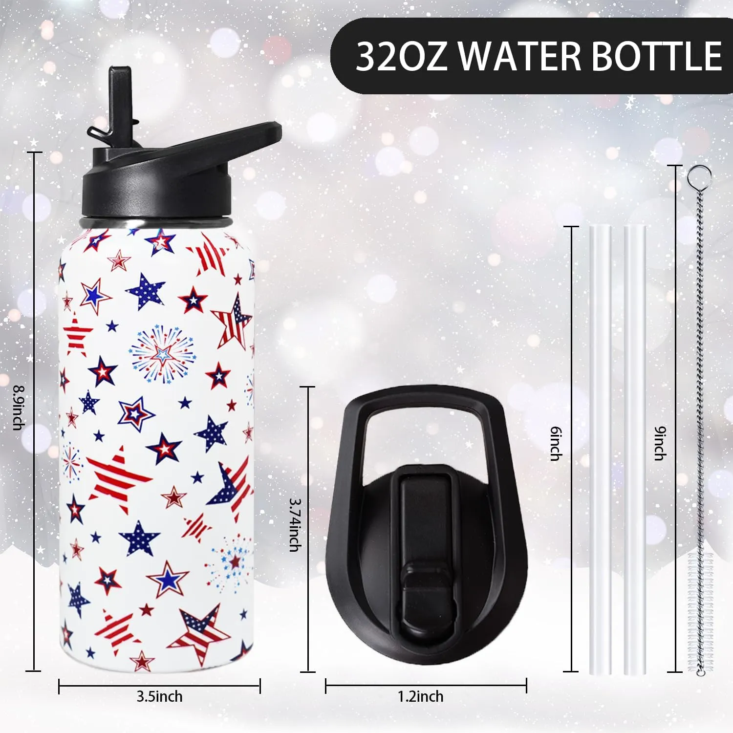 32oz 4th of July Flip Stainless Insulated Aater Water Bottle with Straw, American Flag Gym Hiking Sports Coffee Mug Cup Water Bottles,Patriotic Military Gifts For Veterans, Police