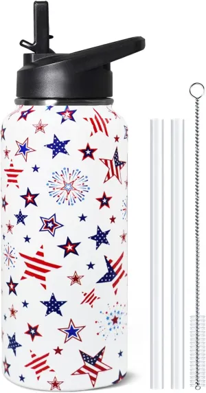 32oz 4th of July Flip Stainless Insulated Aater Water Bottle with Straw, American Flag Gym Hiking Sports Coffee Mug Cup Water Bottles,Patriotic Military Gifts For Veterans, Police