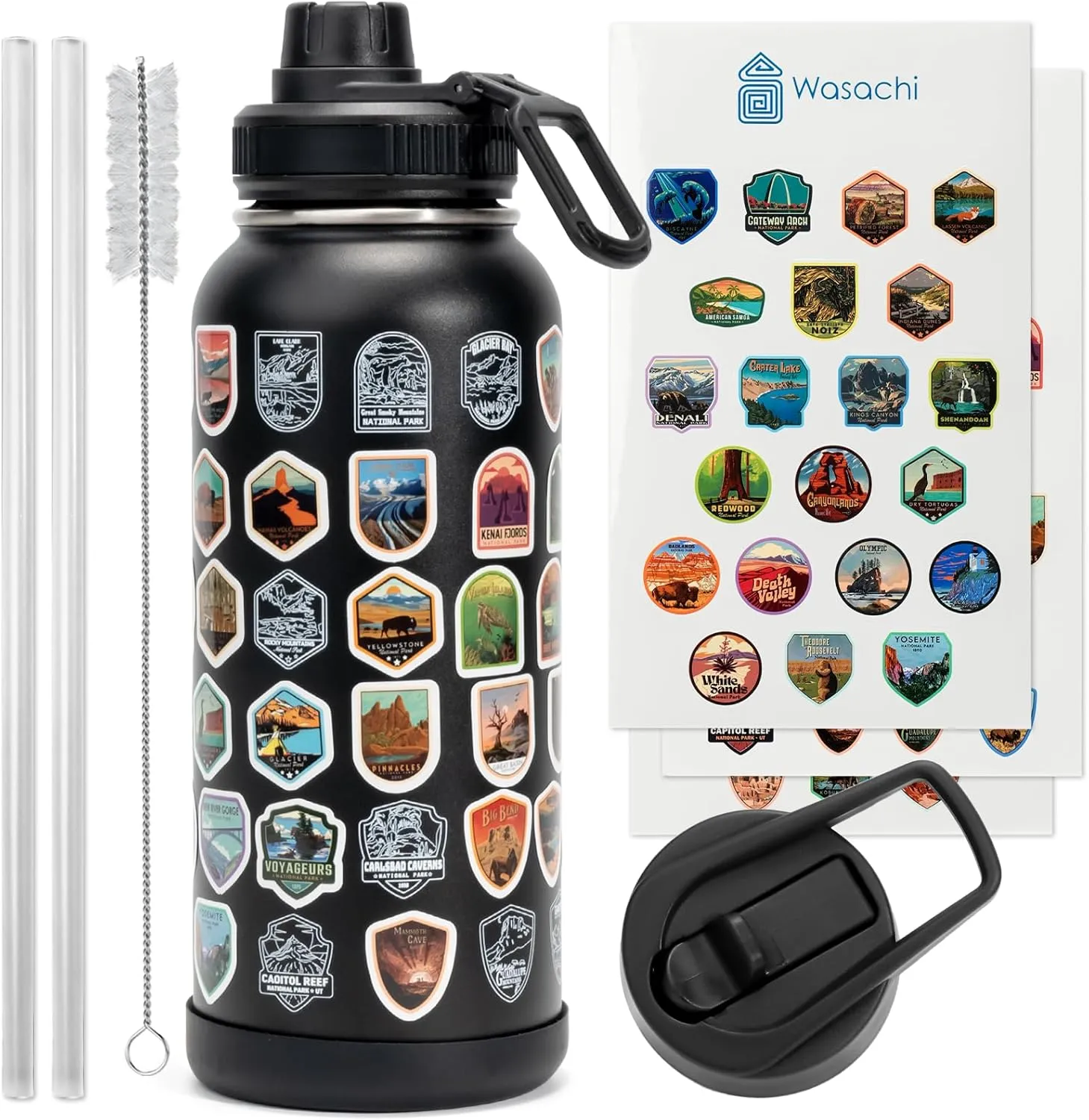 32oz National Parks Water Bottle with 63 Waterproof Stickers Hand-Painted Pattern Stainless Steel Double Wall Travel Leakproof Coffee Mug Hobbyist Creations by Camping & Hiking（Straw, Spout, Coaster）