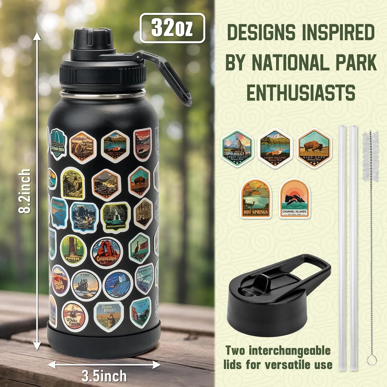 32oz National Parks Water Bottle with 63 Waterproof Stickers Hand-Painted Pattern Stainless Steel Double Wall Travel Leakproof Coffee Mug Hobbyist Creations by Camping & Hiking（Straw, Spout, Coaster）