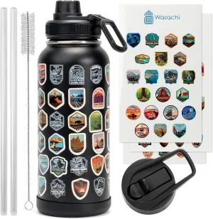 32oz National Parks Water Bottle with 63 Waterproof Stickers Hand-Painted Pattern Stainless Steel Double Wall Travel Leakproof Coffee Mug Hobbyist Creations by Camping & Hiking（Straw, Spout, Coaster）