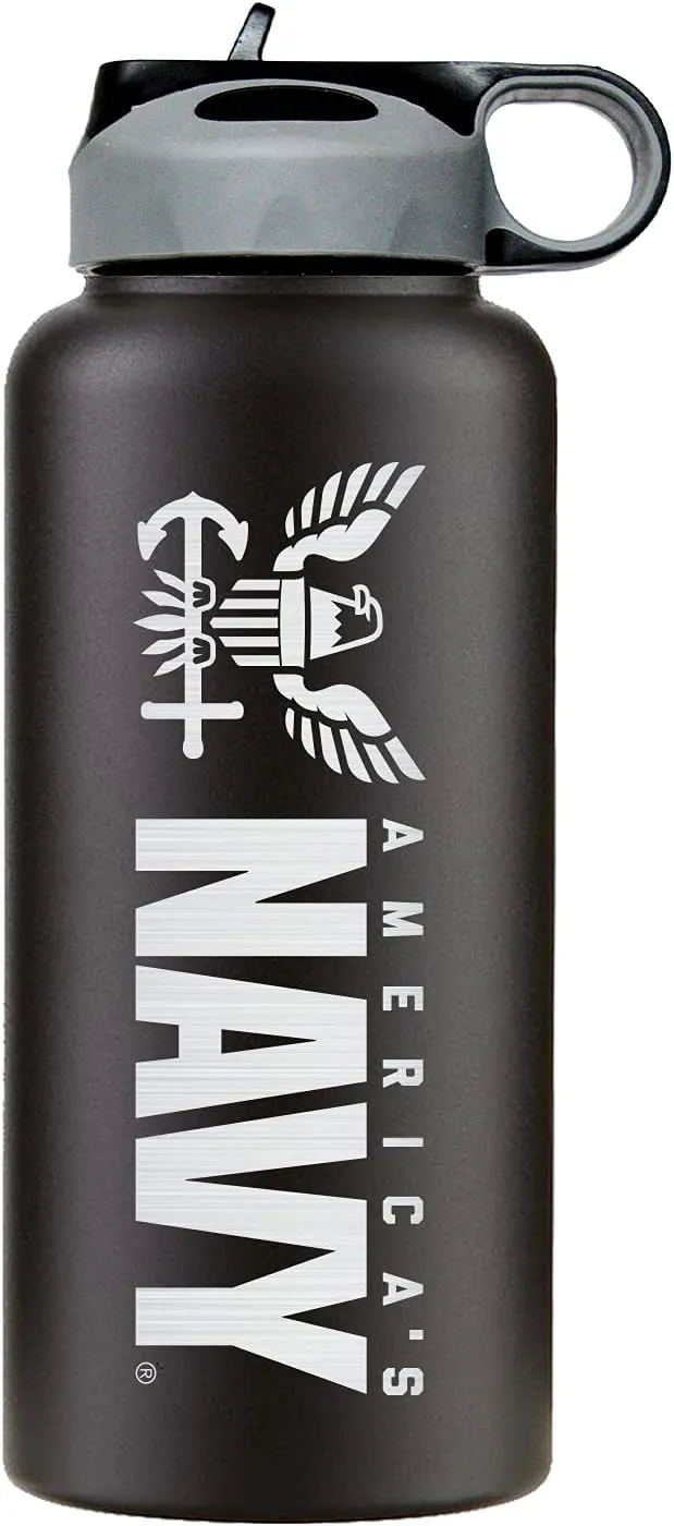 32oz Stainless Steel Navy Water Bottle With Engraved Logo - US Navy Pride on the Go - Gifts | Disabled USMC Vet Owned Small Business