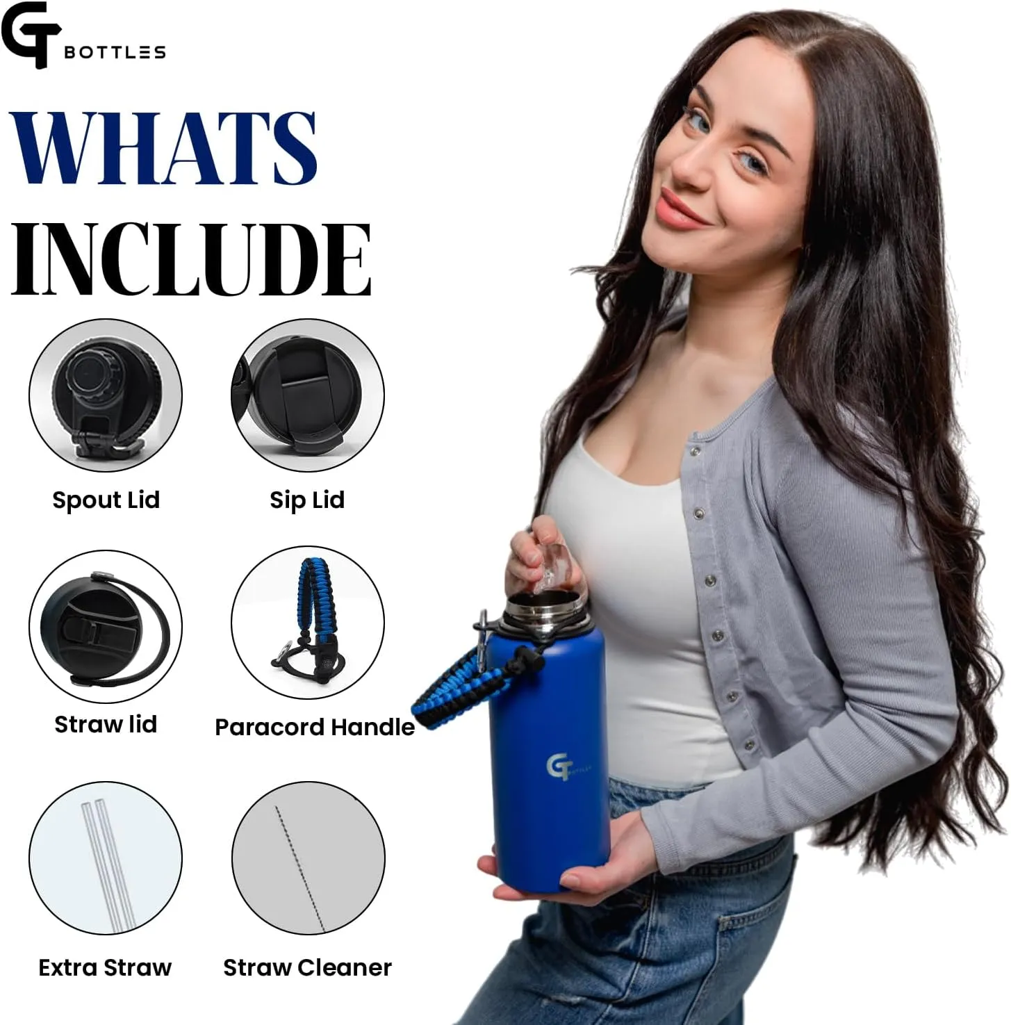 32oz Stainless Steel Vacuum Insulated Wide Mouth Water Bottle with 3 Lids and Paracord Handle for Hot & Cold Beverage (Dark Blue, 32oz)