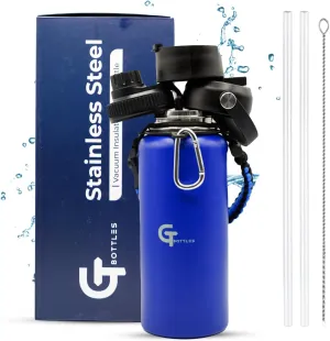 32oz Stainless Steel Vacuum Insulated Wide Mouth Water Bottle with 3 Lids and Paracord Handle for Hot & Cold Beverage (Dark Blue, 32oz)