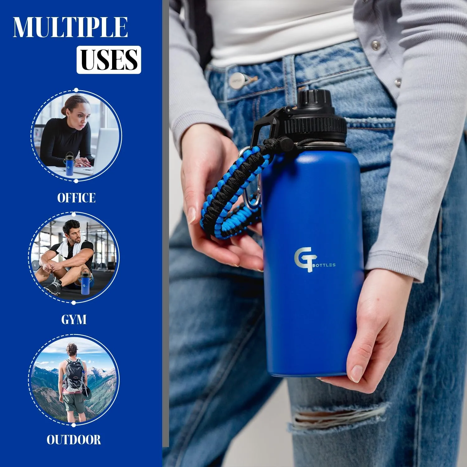 32oz Stainless Steel Vacuum Insulated Wide Mouth Water Bottle with 3 Lids and Paracord Handle for Hot & Cold Beverage (Dark Blue, 32oz)