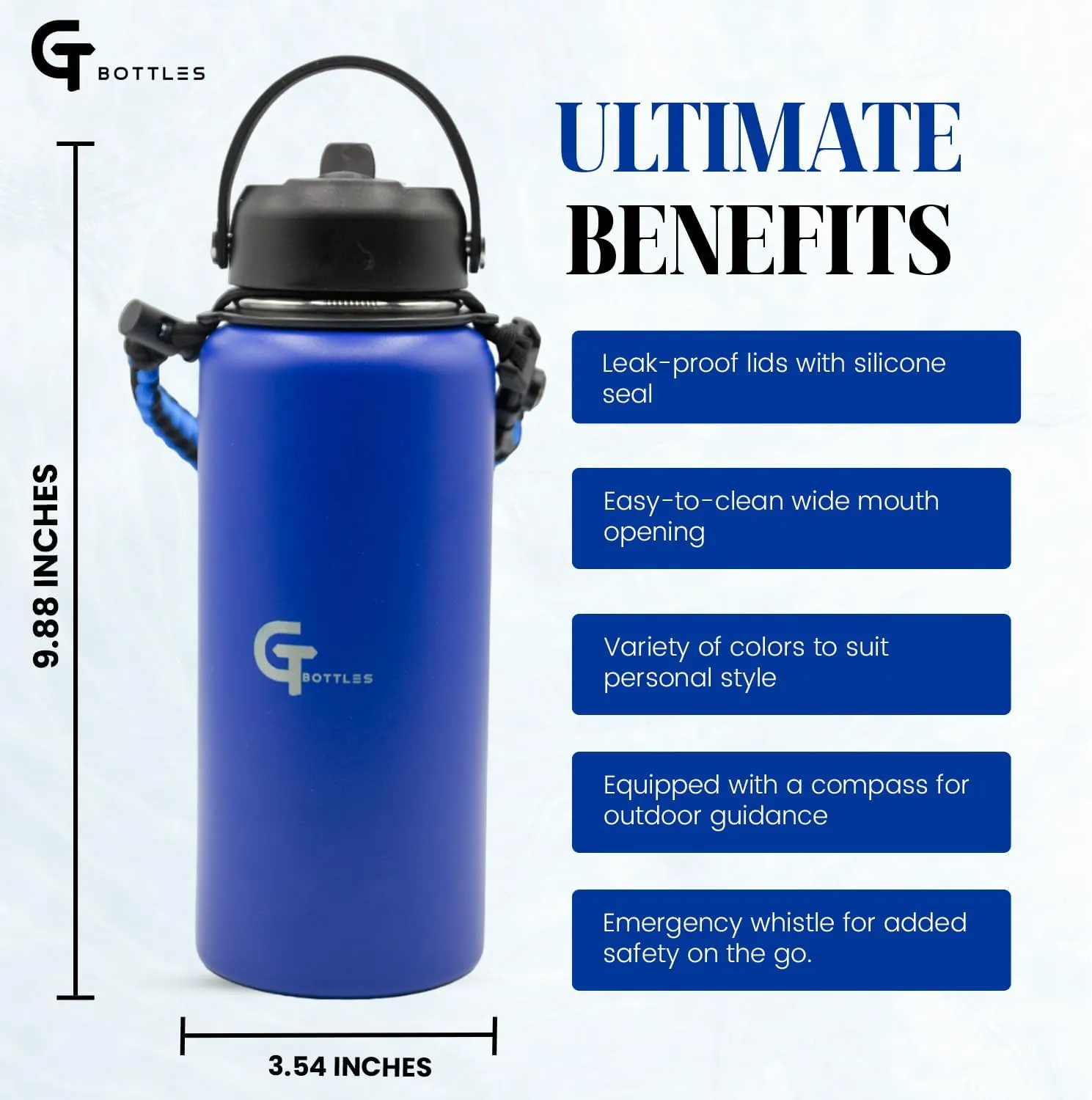 32oz Stainless Steel Vacuum Insulated Wide Mouth Water Bottle with 3 Lids and Paracord Handle for Hot & Cold Beverage (Dark Blue, 32oz)