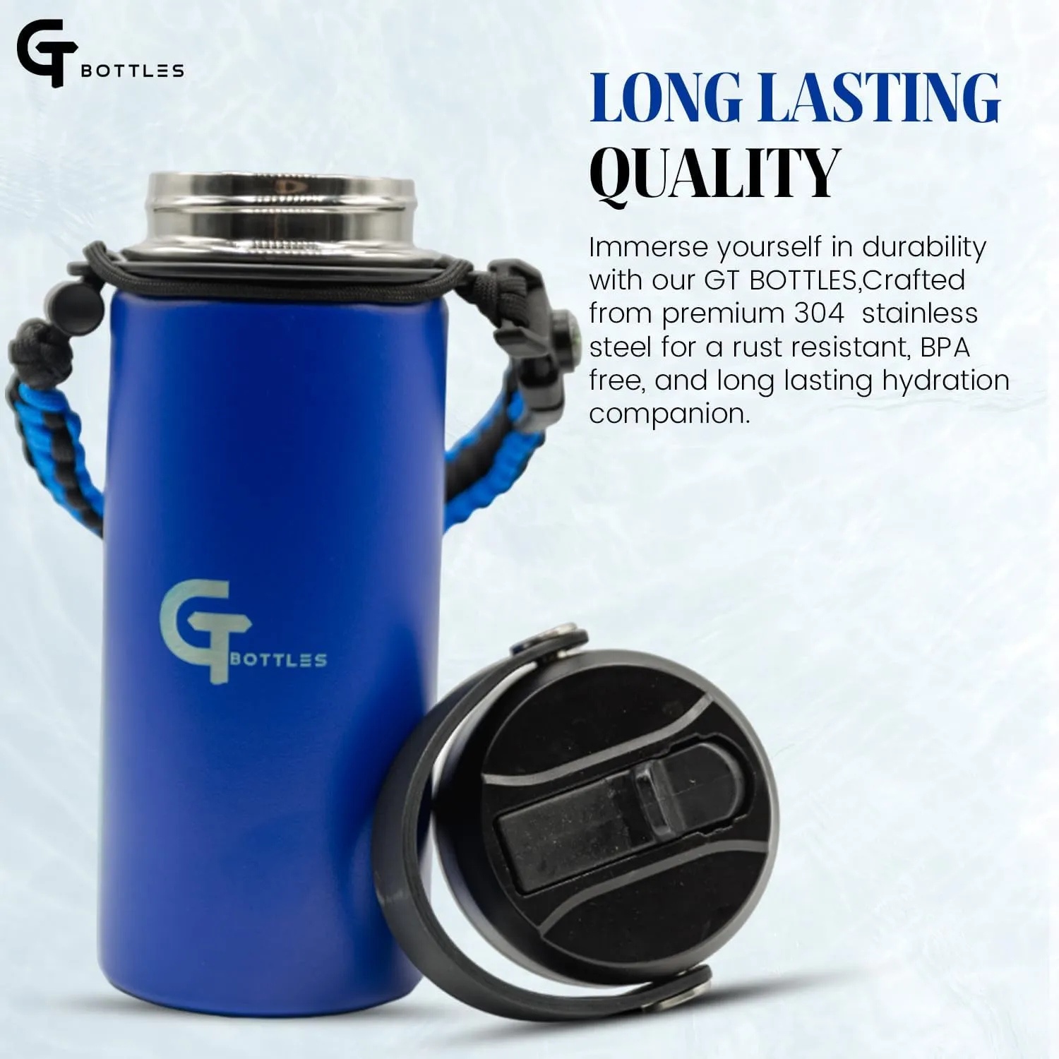 32oz Stainless Steel Vacuum Insulated Wide Mouth Water Bottle with 3 Lids and Paracord Handle for Hot & Cold Beverage (Dark Blue, 32oz)