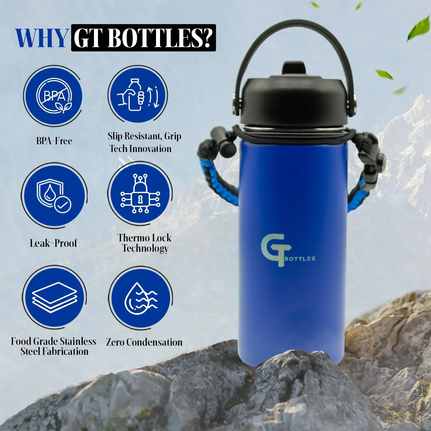 32oz Stainless Steel Vacuum Insulated Wide Mouth Water Bottle with 3 Lids and Paracord Handle for Hot & Cold Beverage (Dark Blue, 32oz)