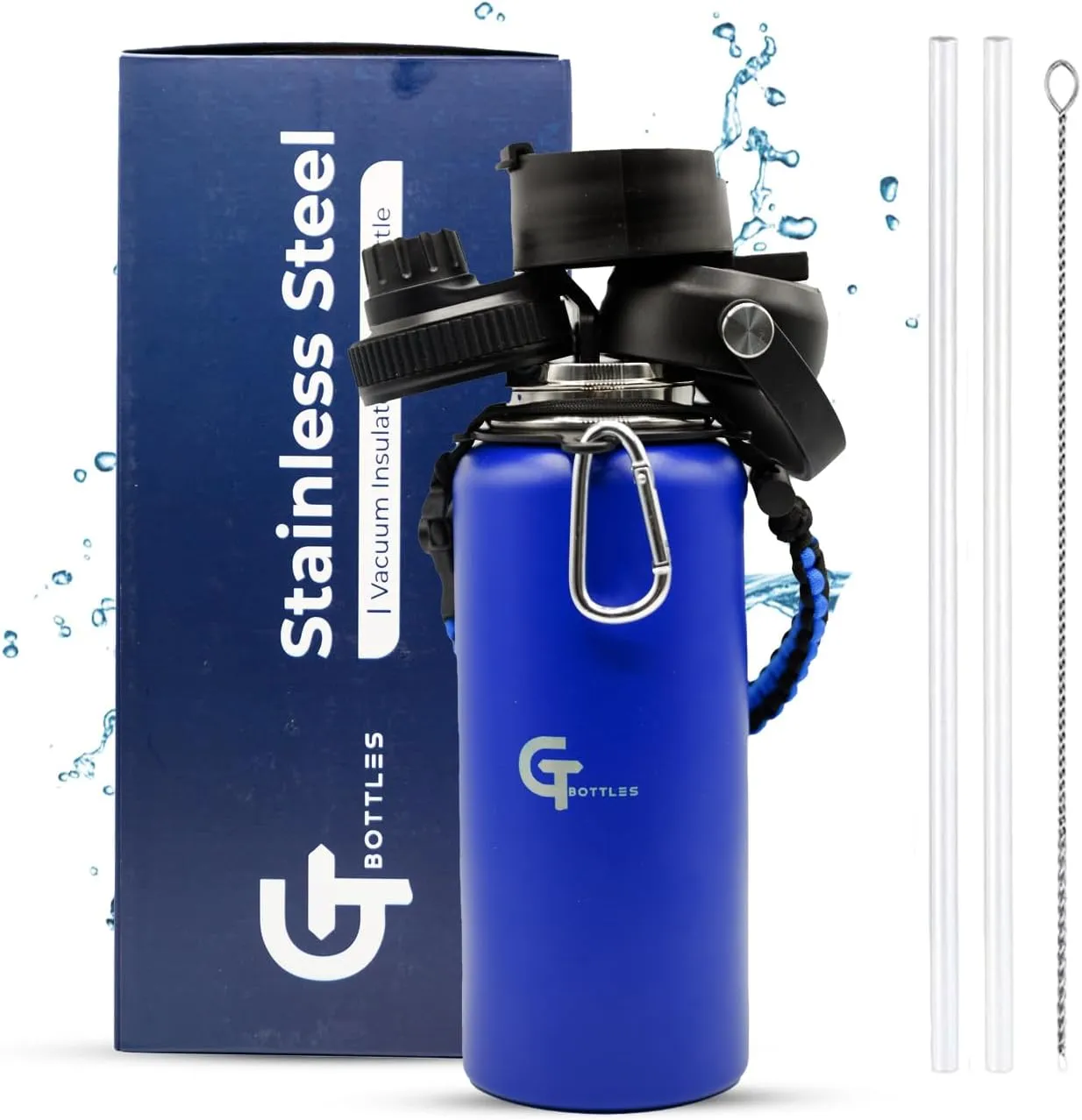 32oz Stainless Steel Vacuum Insulated Wide Mouth Water Bottle with 3 Lids and Paracord Handle for Hot & Cold Beverage (Dark Blue, 32oz)
