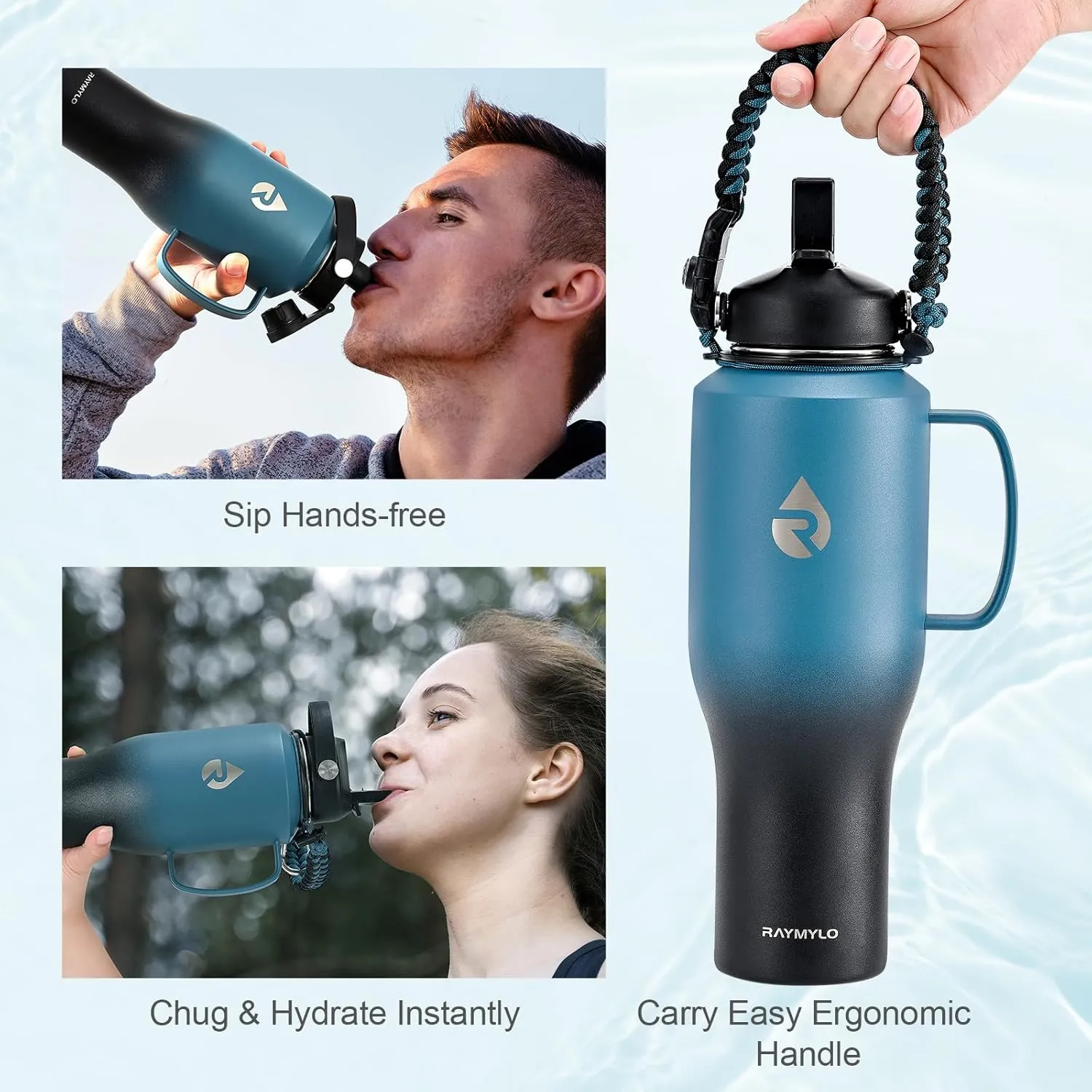 32oz Stainless Steel Water Bottle (Cold for 48 Hrs, Hot for 24 Hrs), Triple Wall Vacuum Insulated Water Bottle with Straw Lid, Spout Lid and Paracord Handle, Leakproof, Fit in Any Car Cup