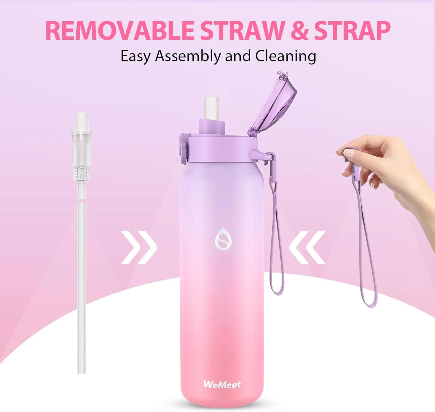 32oz Water Bottle with Removable Straw and Spout Lid Two Ways to Drink, 18/10 Stainless Steel Insulated Water Bottle, BPA-Free, Leak Proof, Double wall, for Sports, Gym
