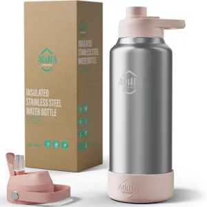 32oz（26 6） oz Insulated Water Bottle with straw and Hidden storage（6oz）, Stainless Steel Double Walled Vacuum Sports Water Bottle with 2 Lids for Gym Camping Hiking(Pink)