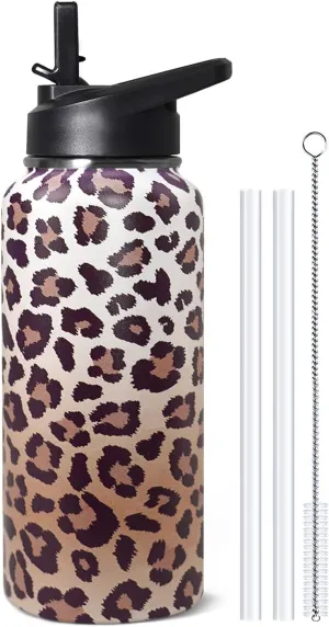 32ozLeopard Print Stainless Insulated Aater Water Bottle with Straw,Leopard Print Cheetah Gym Hiking Sports Coffee Mug Cup Water Bottles,Leopard Print Decor Stuff Accessories